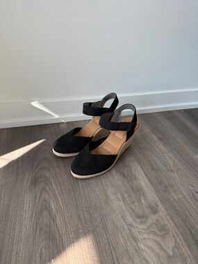 me too Black Canvas Espadrille Wedge Sandals with Ankle Strap